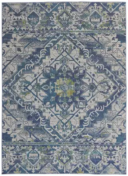 6' X 9' Green Blue and Ivory Oriental Power Loom Area Rug