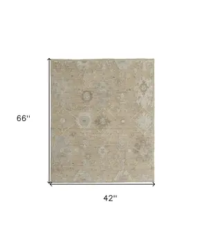 4' X 6' Tan and Ivory Wool Floral Hand Knotted Area Rug
