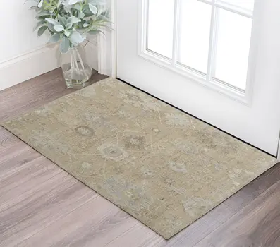 2' X 3' Tan and Ivory Wool Floral Hand Knotted Area Rug