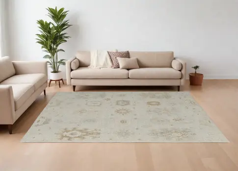 8' X 10' Tan and Gray Wool Floral Hand Knotted Area Rug