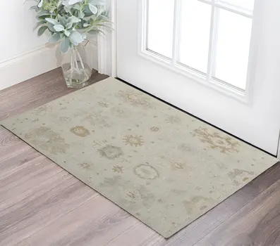 2' X 3' Tan and Gray Wool Floral Hand Knotted Area Rug
