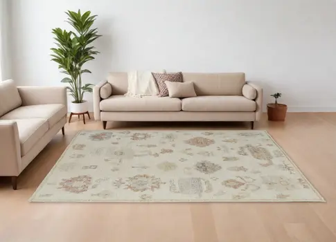 6' X 9' Ivory Tan and Gray Wool Floral Hand Knotted Area Rug