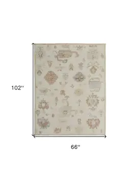6' X 9' Ivory Tan and Gray Wool Floral Hand Knotted Area Rug