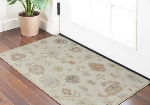 2' X 3' Ivory Tan and Gray Wool Floral Hand Knotted Area Rug