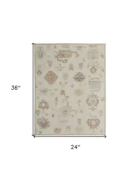 2' X 3' Ivory Tan and Gray Wool Floral Hand Knotted Area Rug