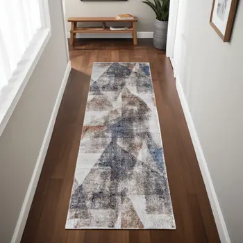 8' Gray Blue and Ivory Checkered Power Loom Runner Rug