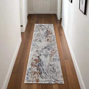 8' Ivory Blue and Brown Abstract Power Loom Runner Rug