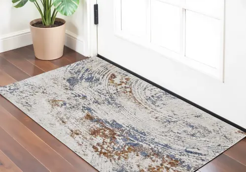 2' X 3' Ivory Blue and Brown Abstract Power Loom Area Rug
