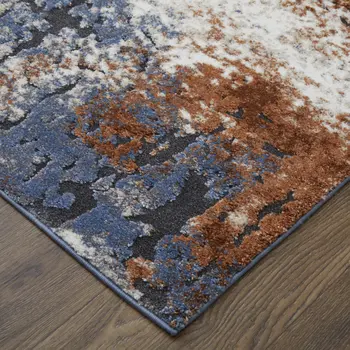 10' X 14' Blue Gray and Brown Abstract Power Loom Worn Faded Area Rug