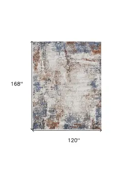10' X 14' Blue Gray and Brown Abstract Power Loom Worn Faded Area Rug