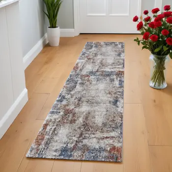 8' Blue Gray and Brown Abstract Power Loom Worn Faded Runner Rug