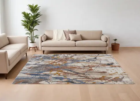 10' X 14' Ivory Blue and Brown Abstract Power Loom Area Rug