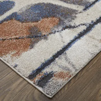 8' Ivory Blue and Brown Abstract Power Loom Runner Rug