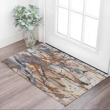 2' X 3' Ivory Blue and Brown Abstract Power Loom Area Rug