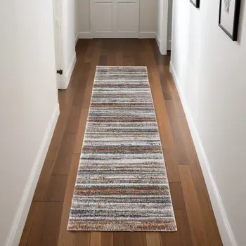8' Ivory Blue and Brown Striped Power Loom Runner Rug