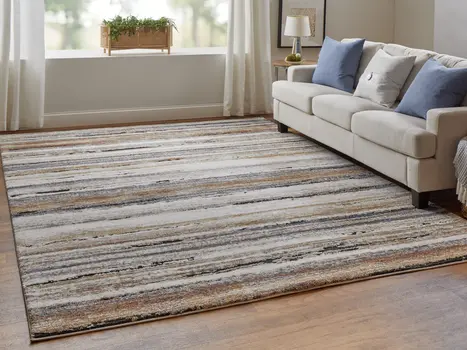 2' X 3' Ivory Blue and Brown Striped Power Loom Area Rug