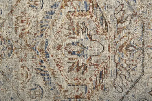 10' Red Tan and Blue Oriental Power Loom Worn Faded Runner Rug With Fringe