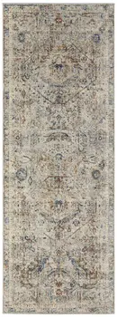 10' Red Tan and Blue Oriental Power Loom Worn Faded Runner Rug With Fringe
