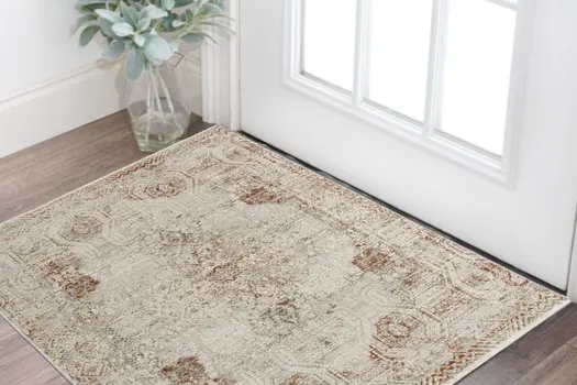 3' X 5' Ivory Gray and Brown Abstract Power Loom Worn Faded Area Rug With Fringe