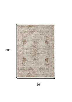 3' X 5' Ivory Gray and Brown Abstract Power Loom Worn Faded Area Rug With Fringe