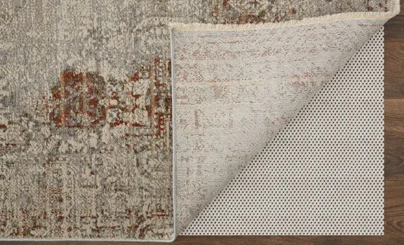 10' Ivory Gray and Brown Abstract Power Loom Worn Faded Runner Rug With Fringe