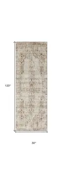 10' Ivory Gray and Brown Abstract Power Loom Worn Faded Runner Rug With Fringe