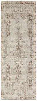 12' Ivory Gray and Brown Abstract Power Loom Worn Faded Runner Rug With Fringe