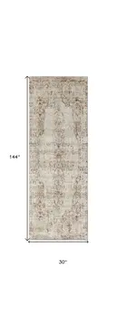 12' Ivory Gray and Brown Abstract Power Loom Worn Faded Runner Rug With Fringe