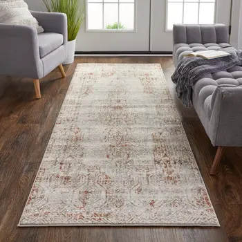 8' Ivory Gray and Brown Abstract Power Loom Worn Faded Runner Rug With Fringe