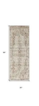 8' Ivory Gray and Brown Abstract Power Loom Worn Faded Runner Rug With Fringe