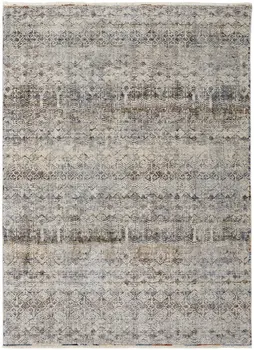 3' X 5' Gray Ivory and Blue Abstract Power Loom Worn Faded Area Rug With Fringe