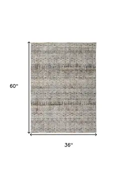 3' X 5' Gray Ivory and Blue Abstract Power Loom Worn Faded Area Rug With Fringe