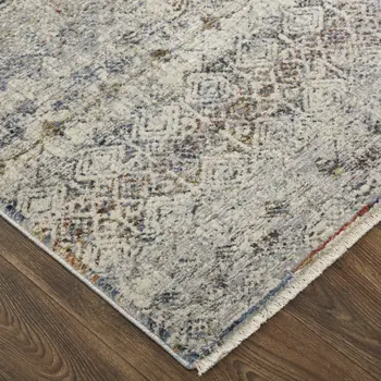 8' Gray Ivory and Blue Abstract Power Loom Worn Faded Runner Rug With Fringe