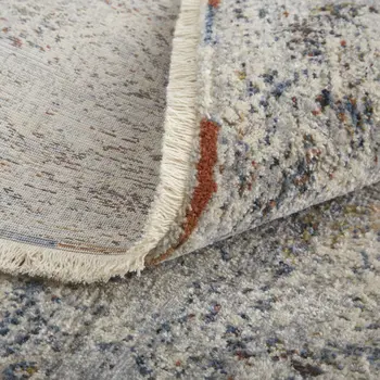 8' Gray Ivory and Blue Abstract Power Loom Worn Faded Runner Rug With Fringe