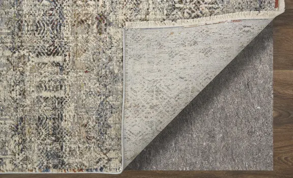 8' Gray Ivory and Blue Abstract Power Loom Worn Faded Runner Rug With Fringe