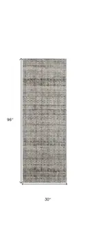 8' Gray Ivory and Blue Abstract Power Loom Worn Faded Runner Rug With Fringe