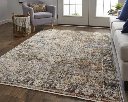 3' X 5' Tan Blue and Brown Oriental Power Loom Area Rug With Fringe