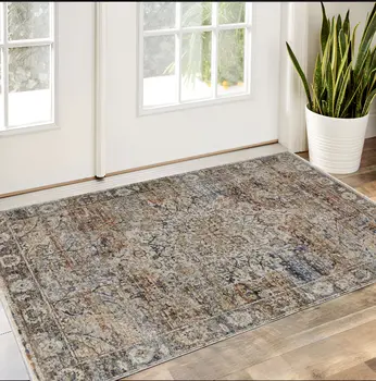 3' X 5' Tan Blue and Brown Oriental Power Loom Area Rug With Fringe