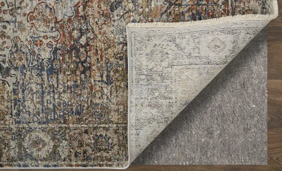 3' X 5' Tan Blue and Brown Oriental Power Loom Area Rug With Fringe