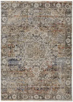 3' X 5' Tan Blue and Brown Oriental Power Loom Area Rug With Fringe