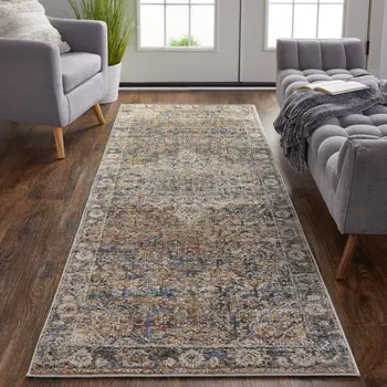 12' Tan Blue and Brown Oriental Power Loom Runner Rug With Fringe