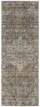 12' Tan Blue and Brown Oriental Power Loom Runner Rug With Fringe