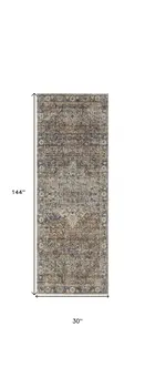 12' Tan Blue and Brown Oriental Power Loom Runner Rug With Fringe