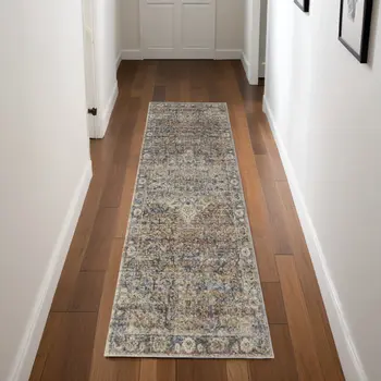 8' Tan Blue and Brown Oriental Power Loom Runner Rug With Fringe