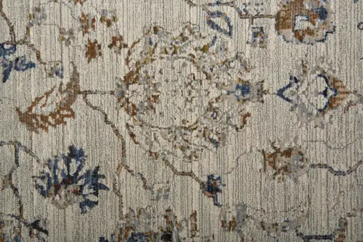 3' X 5' Blue Gray and Brown Floral Power Loom Worn Faded Area Rug With Fringe