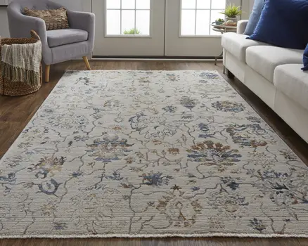 3' X 5' Blue Gray and Brown Floral Power Loom Worn Faded Area Rug With Fringe