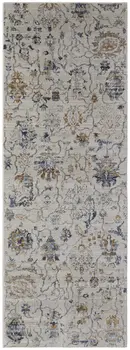 10' Blue Gray and Brown Floral Power Loom Worn Faded Runner Rug With Fringe