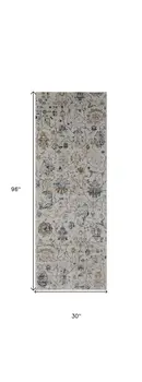 8' Blue Gray and Brown Floral Power Loom Worn Faded Runner Rug With Fringe