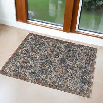 3' X 5' Ivory Blue and Brown Floral Power Loom Area Rug With Fringe