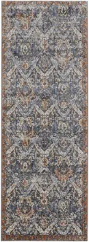 12' Ivory Blue and Brown Floral Power Loom Runner Rug With Fringe